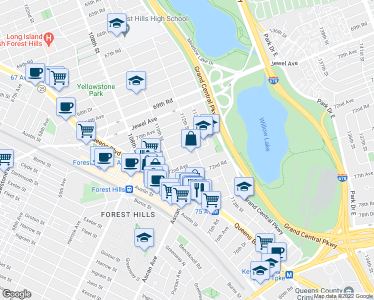 map of restaurants, bars, coffee shops, grocery stores, and more near 110-50 71st Road in Queens
