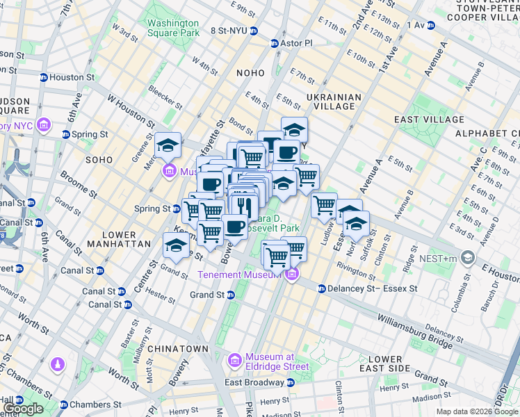 map of restaurants, bars, coffee shops, grocery stores, and more near 187 Chrystie Street in New York