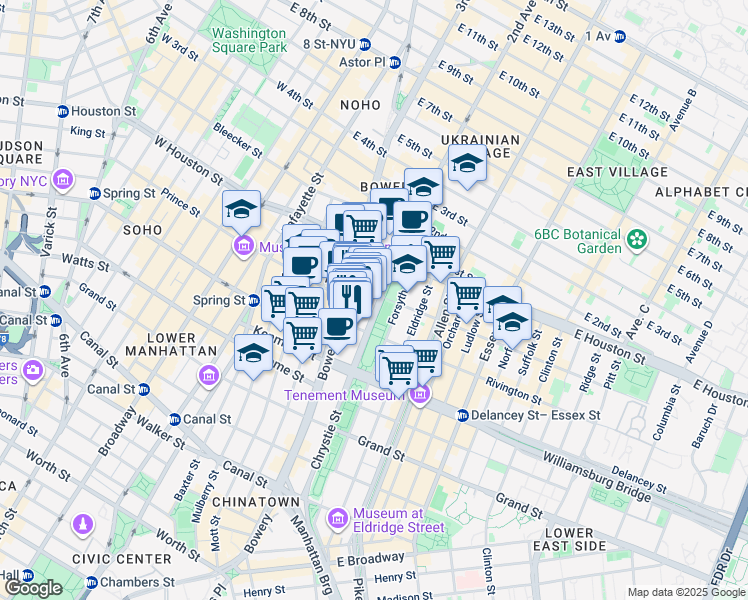 map of restaurants, bars, coffee shops, grocery stores, and more near 203 Chrystie Street in New York