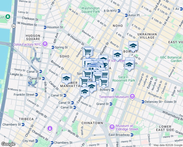 map of restaurants, bars, coffee shops, grocery stores, and more near Lafayette St & Spring St in New York