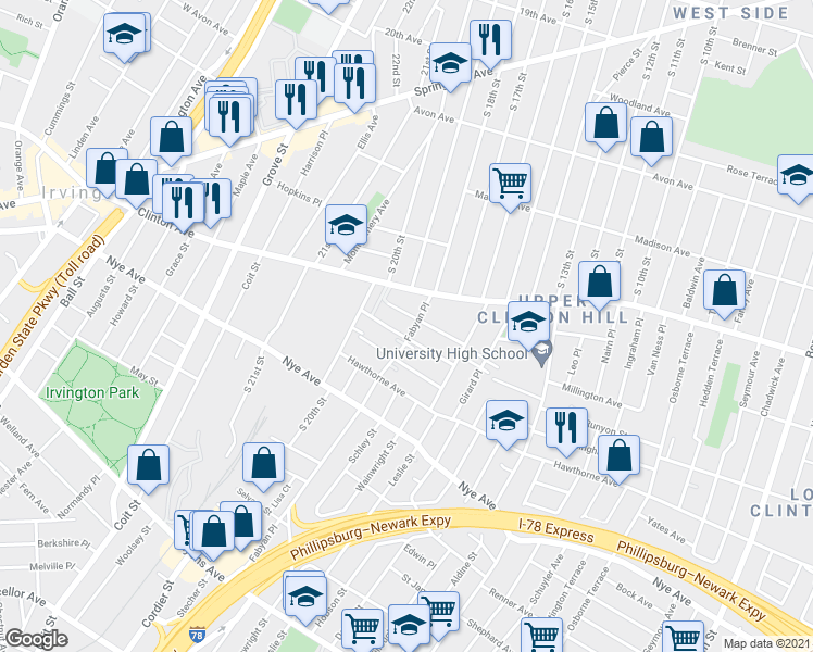 map of restaurants, bars, coffee shops, grocery stores, and more near 35 Fabyan Place in Newark