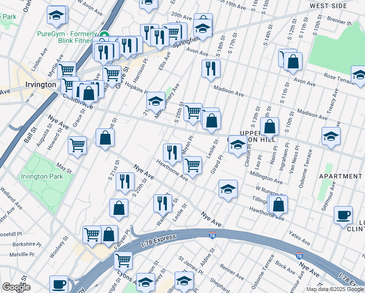 map of restaurants, bars, coffee shops, grocery stores, and more near 33 Beverly Street in Newark