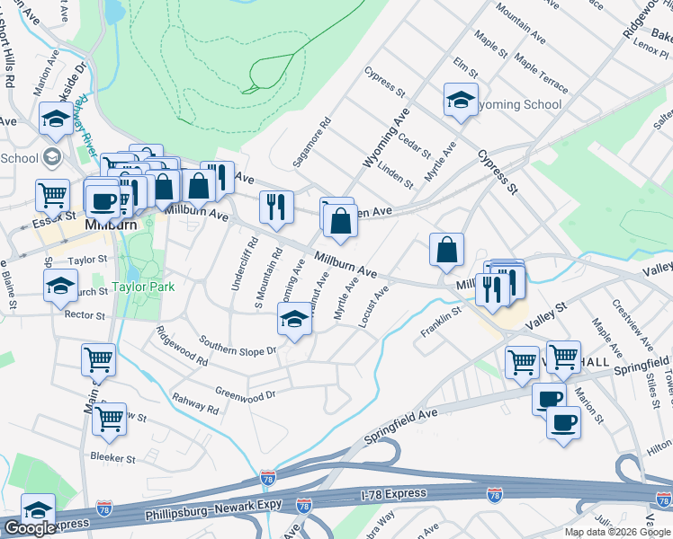 map of restaurants, bars, coffee shops, grocery stores, and more near 190 Millburn Avenue in Millburn