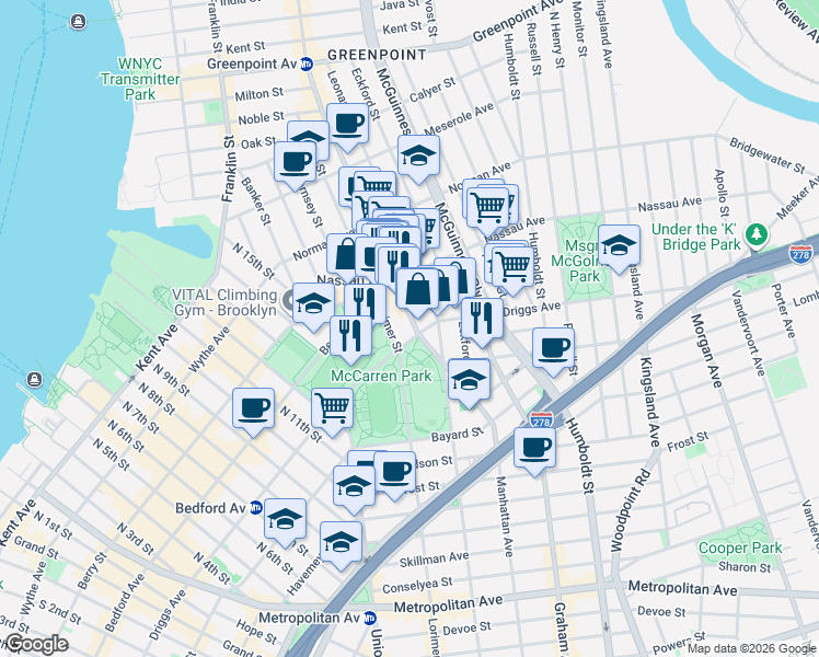 map of restaurants, bars, coffee shops, grocery stores, and more near in Brooklyn