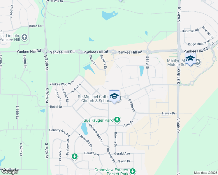 map of restaurants, bars, coffee shops, grocery stores, and more near 7400 Yankee Woods Drive in Lincoln