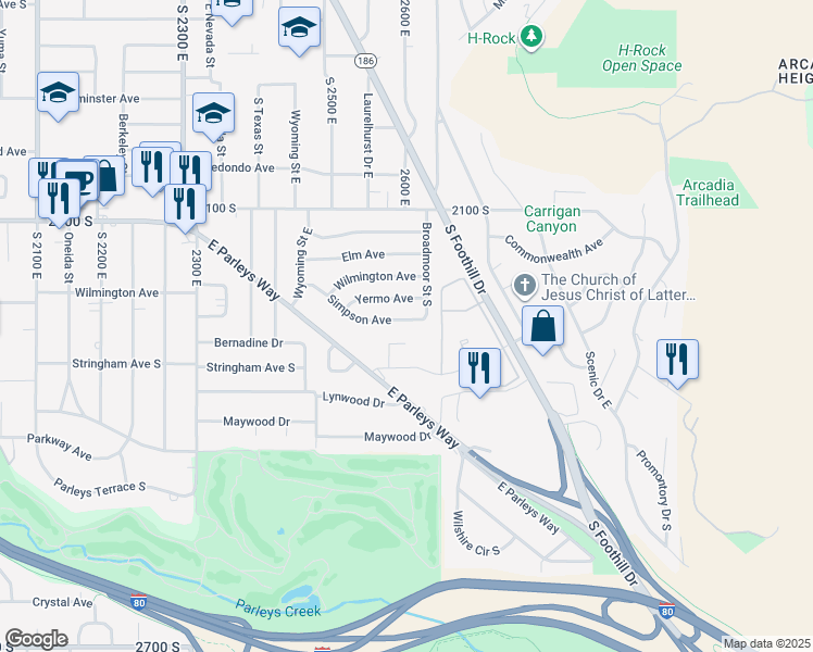 map of restaurants, bars, coffee shops, grocery stores, and more near 2600 Simpson Avenue in Salt Lake City
