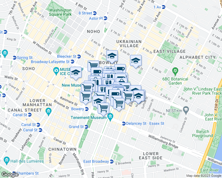 map of restaurants, bars, coffee shops, grocery stores, and more near 53 Stanton Street in New York