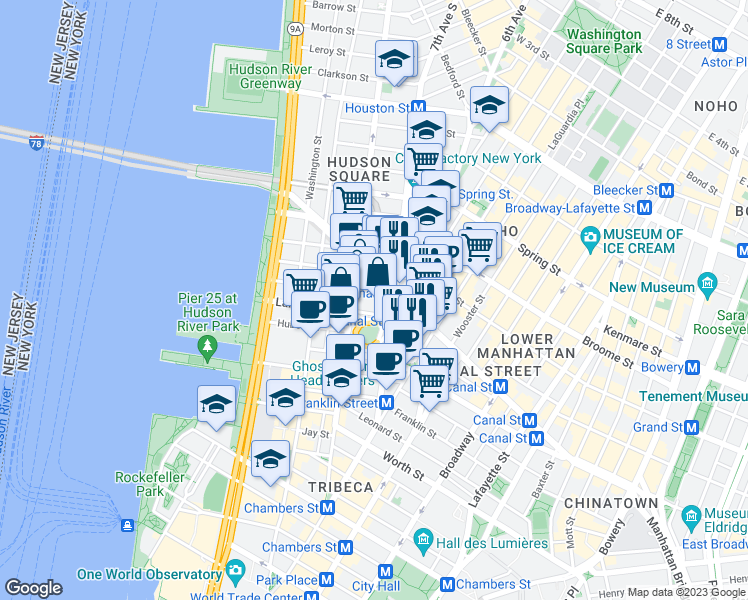 map of restaurants, bars, coffee shops, grocery stores, and more near 28 Laight Street in New York