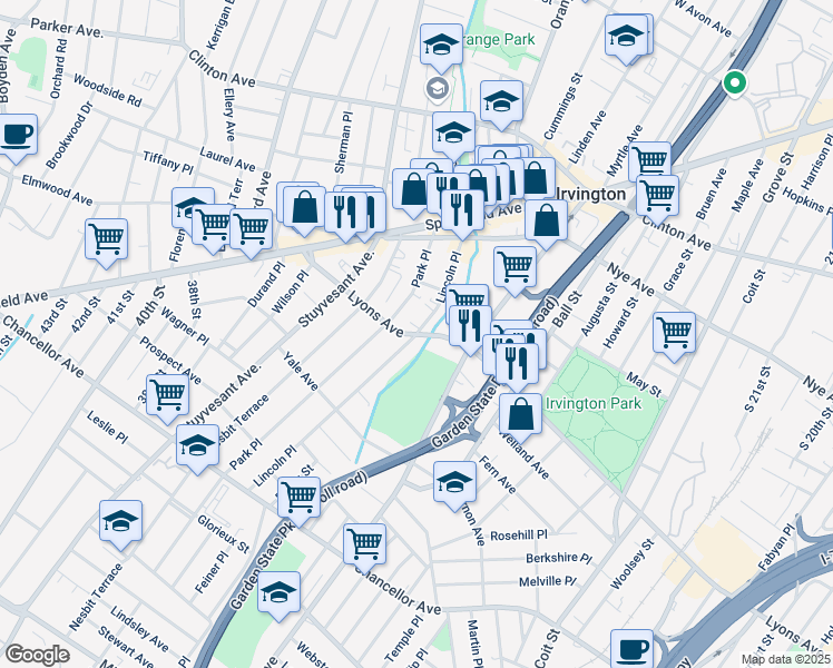 map of restaurants, bars, coffee shops, grocery stores, and more near Lyons Avenue & Lincoln Place in Irvington