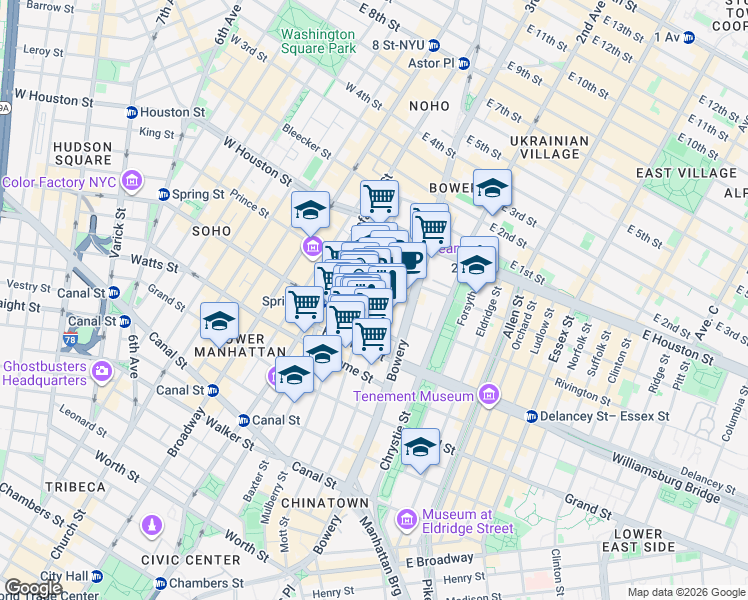 map of restaurants, bars, coffee shops, grocery stores, and more near 21 Spring Street in New York