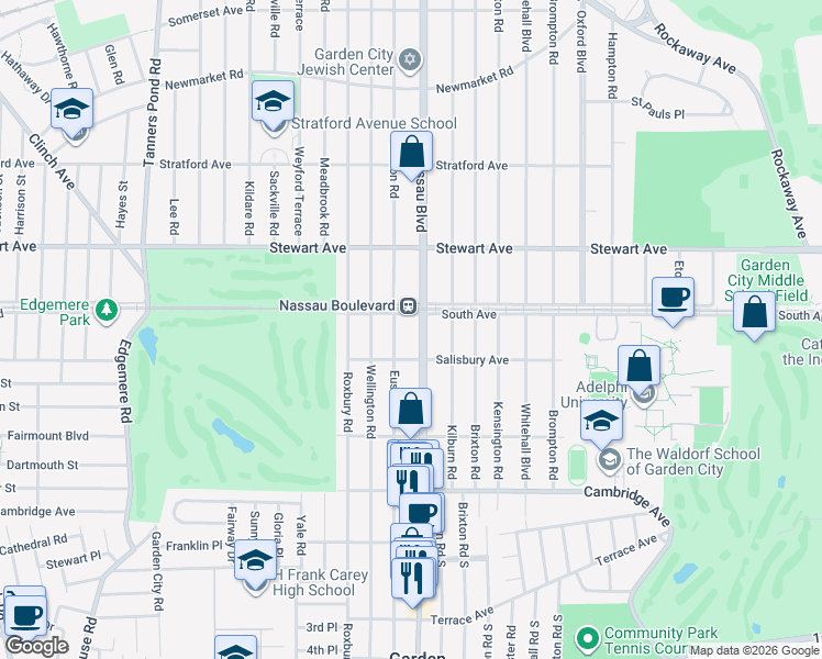 map of restaurants, bars, coffee shops, grocery stores, and more near 53 Nassau Boulevard in Garden City