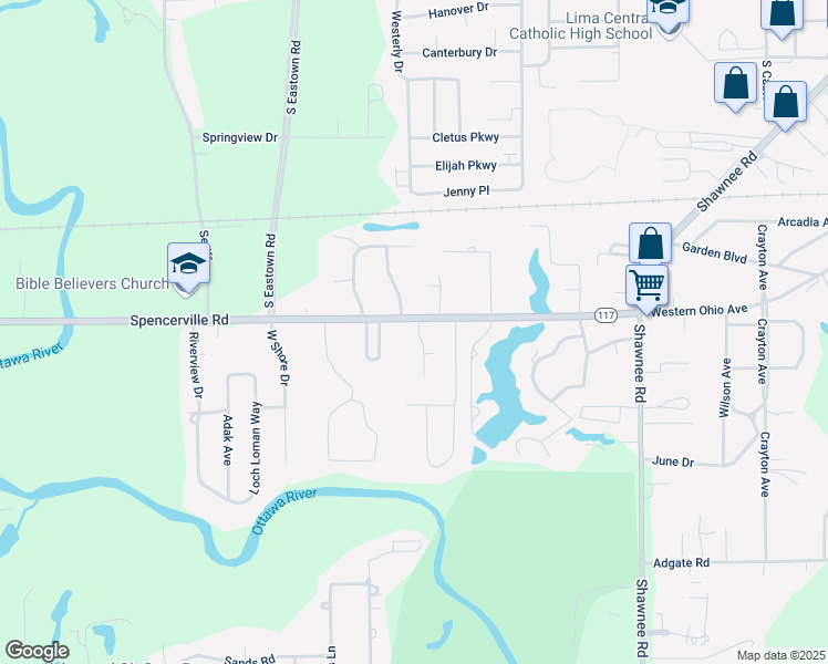 map of restaurants, bars, coffee shops, grocery stores, and more near 1412 Trebor Drive in Lima