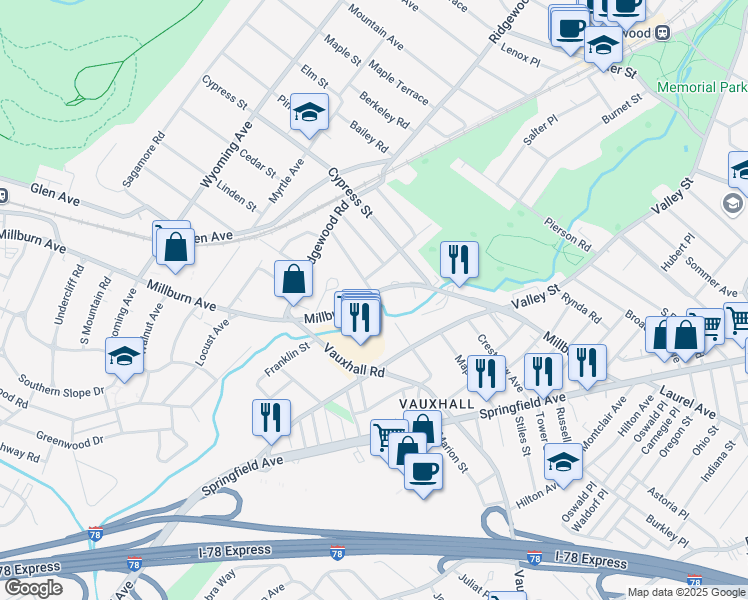 map of restaurants, bars, coffee shops, grocery stores, and more near 100 Millburn Avenue in Essex County
