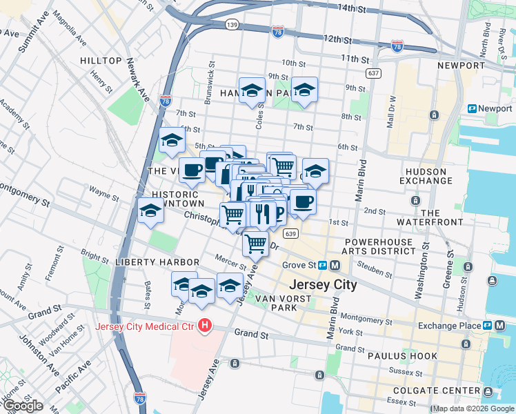 map of restaurants, bars, coffee shops, grocery stores, and more near 240 County Road 639 in Jersey City