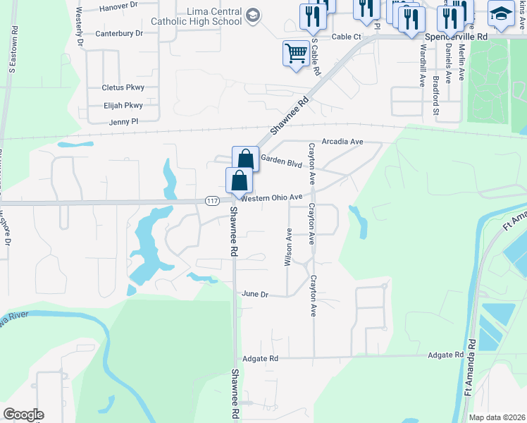map of restaurants, bars, coffee shops, grocery stores, and more near 2344 Reen Drive in Lima
