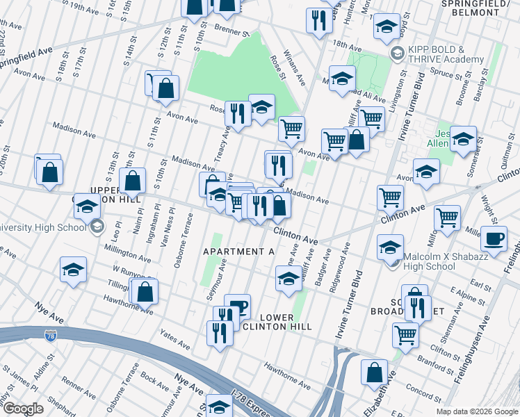 map of restaurants, bars, coffee shops, grocery stores, and more near 114 Chadwick Avenue in Newark