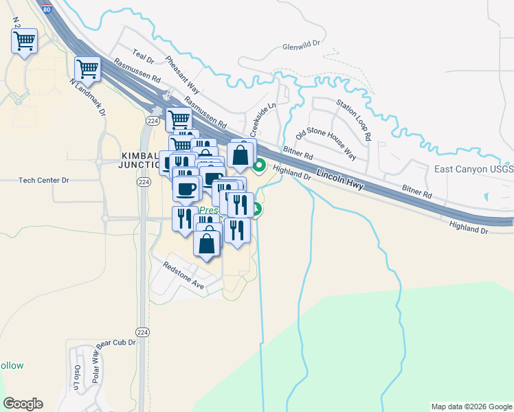 map of restaurants, bars, coffee shops, grocery stores, and more near 1258 Center Drive in Park City