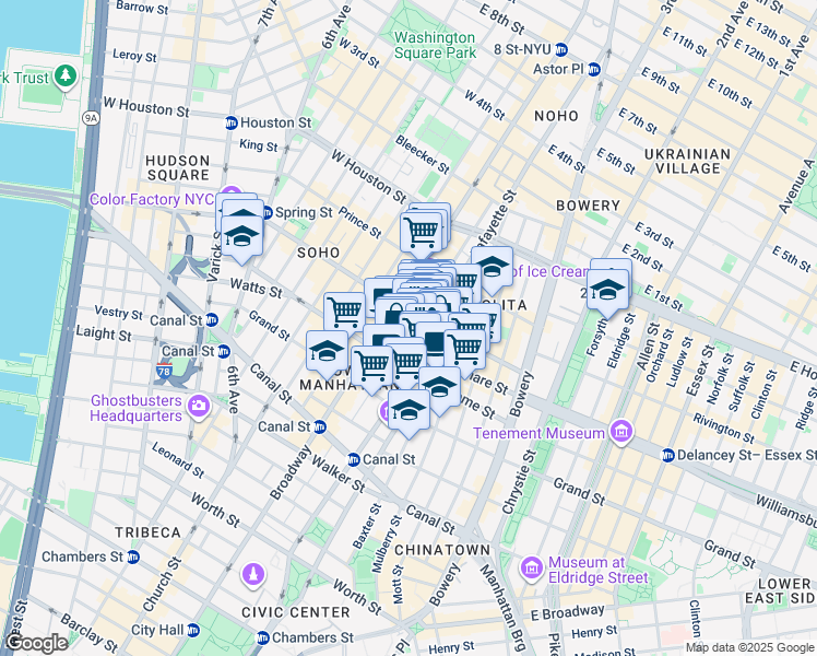 map of restaurants, bars, coffee shops, grocery stores, and more near 216 Lafayette Street in New York