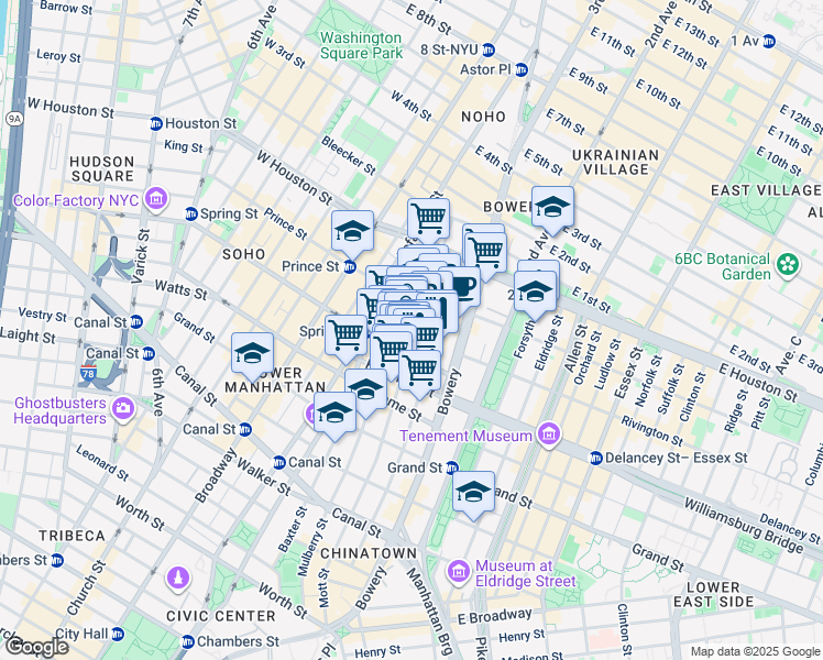 map of restaurants, bars, coffee shops, grocery stores, and more near 21 Spring Street in New York