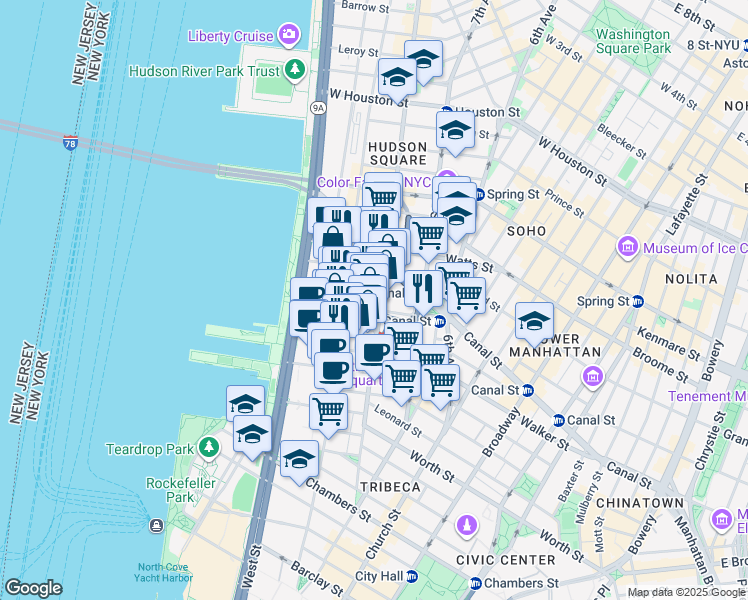 map of restaurants, bars, coffee shops, grocery stores, and more near in New York