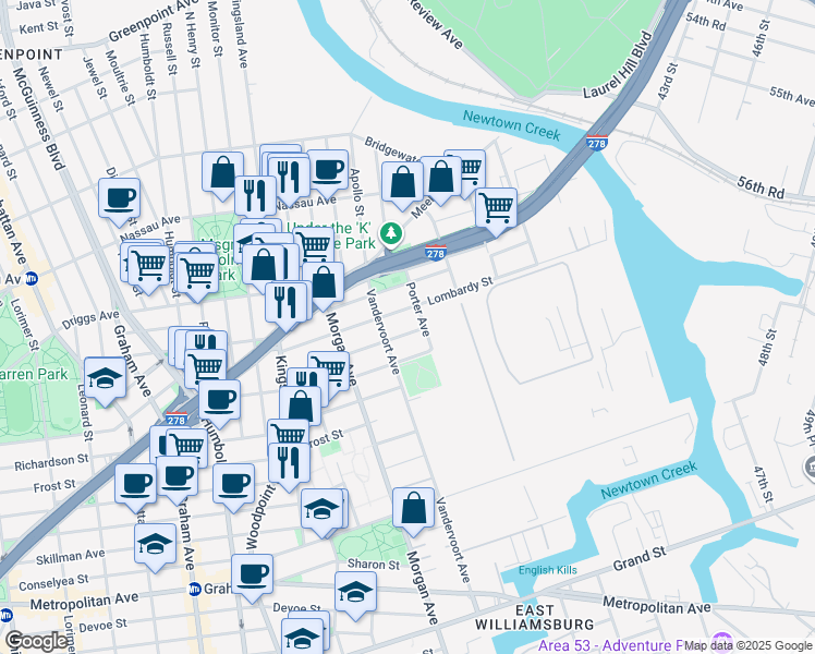 map of restaurants, bars, coffee shops, grocery stores, and more near 108 Beadel Street in Brooklyn
