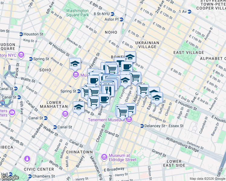 map of restaurants, bars, coffee shops, grocery stores, and more near 187 Chrystie Street in New York