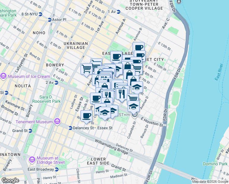 map of restaurants, bars, coffee shops, grocery stores, and more near 242 East 3rd Street in New York