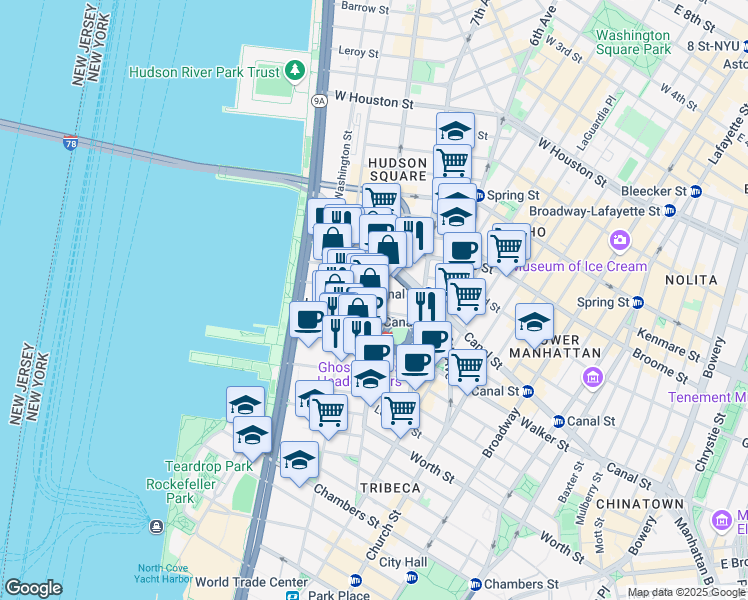 map of restaurants, bars, coffee shops, grocery stores, and more near in New York
