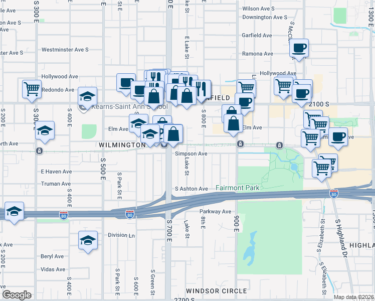 map of restaurants, bars, coffee shops, grocery stores, and more near 2228 S Lake St in Salt Lake City