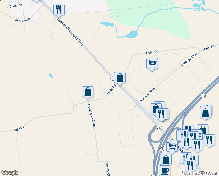 map of restaurants, bars, coffee shops, grocery stores, and more near 3898 Hollow Road in Nazareth