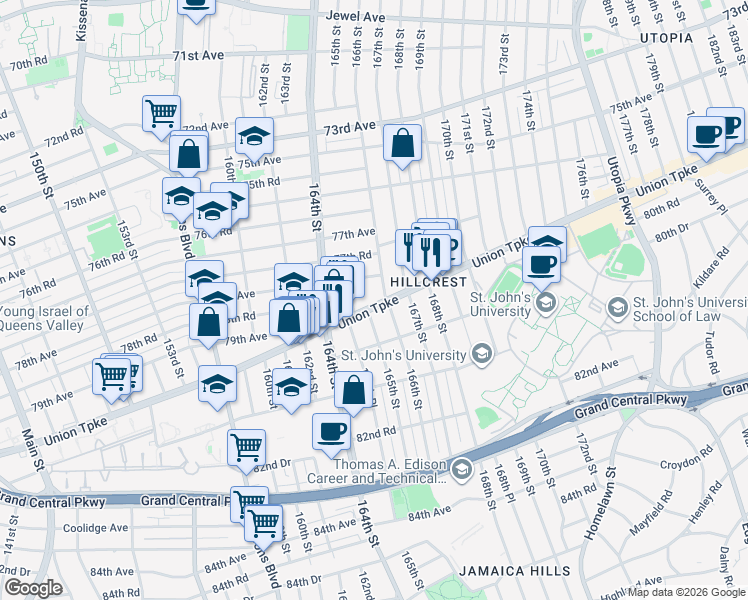map of restaurants, bars, coffee shops, grocery stores, and more near 165-9 Union Turnpike in Queens