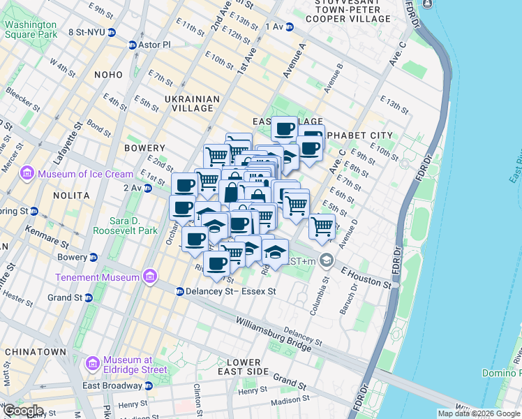 map of restaurants, bars, coffee shops, grocery stores, and more near 210 East 2nd Street in New York