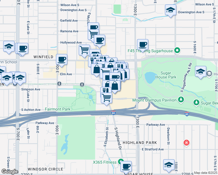 map of restaurants, bars, coffee shops, grocery stores, and more near 2227 South Highland Drive in Salt Lake City