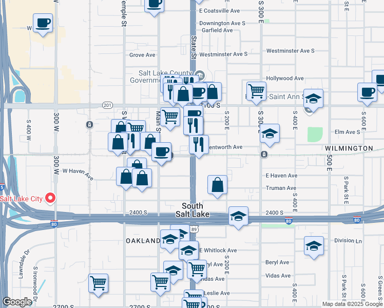 map of restaurants, bars, coffee shops, grocery stores, and more near 99 E Central Pointe Place in South Salt Lake