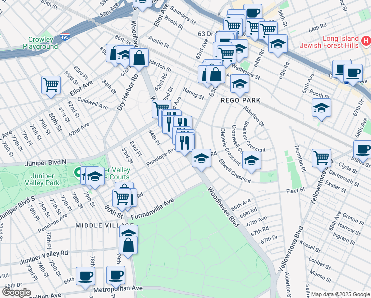 map of restaurants, bars, coffee shops, grocery stores, and more near Woodhaven Blvd & 63rd Dr in Queens