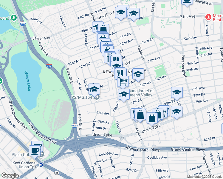 map of restaurants, bars, coffee shops, grocery stores, and more near 75-31 141st Place in Queens