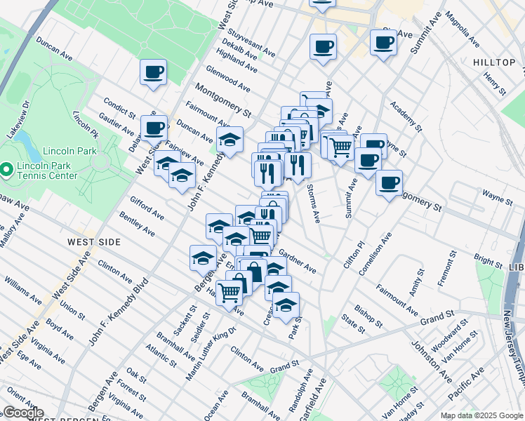 map of restaurants, bars, coffee shops, grocery stores, and more near 654 Bergen Avenue in Jersey City
