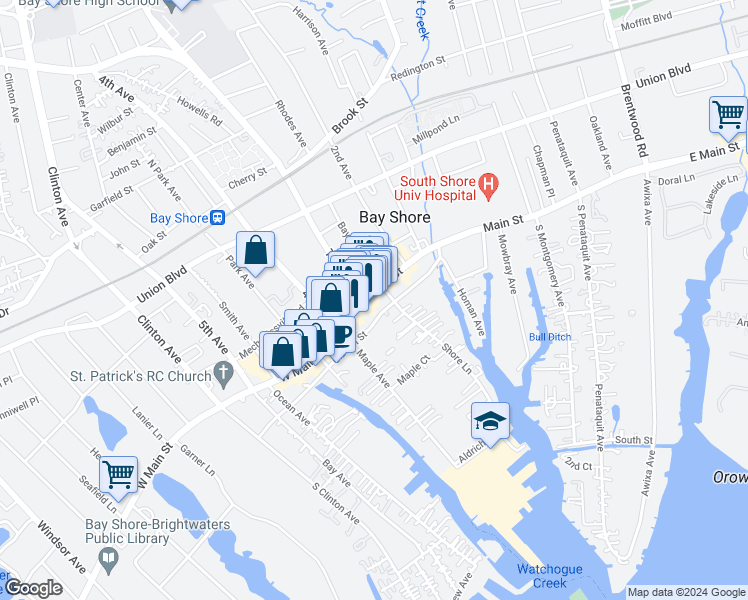 map of restaurants, bars, coffee shops, grocery stores, and more near 44 East Main Street in Bay Shore