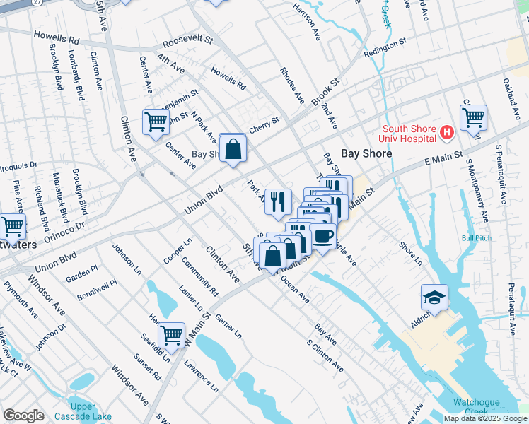 map of restaurants, bars, coffee shops, grocery stores, and more near 36 Park Avenue in Bay Shore