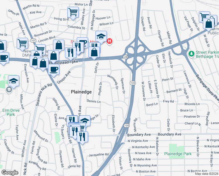 map of restaurants, bars, coffee shops, grocery stores, and more near 22 Elizabeth Drive in Bethpage