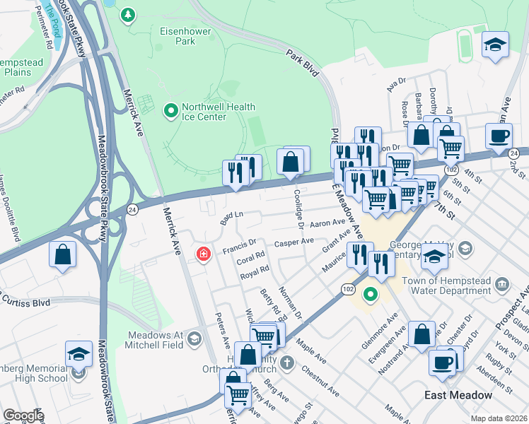 map of restaurants, bars, coffee shops, grocery stores, and more near 1772 Gerald Avenue in East Meadow