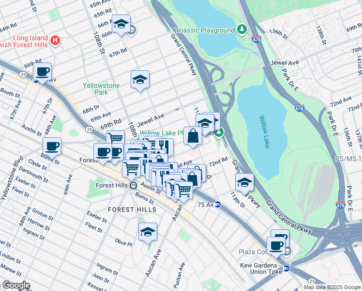 map of restaurants, bars, coffee shops, grocery stores, and more near 110-15 71st Road in Queens