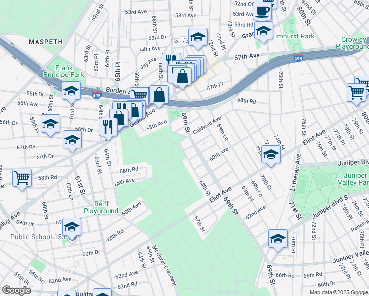 map of restaurants, bars, coffee shops, grocery stores, and more near 68-04 59th Road in Queens