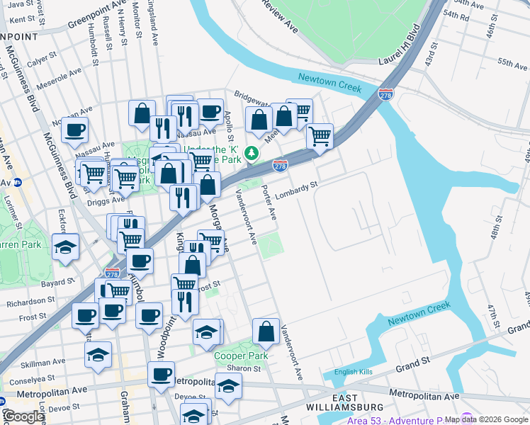 map of restaurants, bars, coffee shops, grocery stores, and more near 108 Beadel Street in Brooklyn