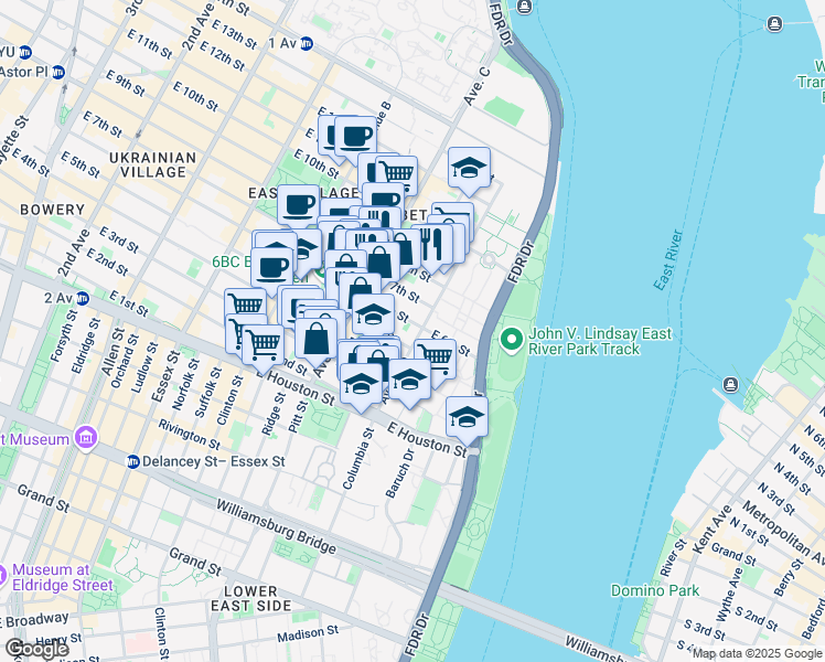 map of restaurants, bars, coffee shops, grocery stores, and more near 58 Avenue D in New York
