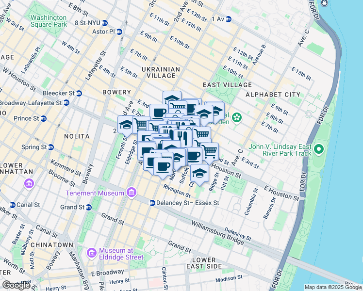 map of restaurants, bars, coffee shops, grocery stores, and more near 6 Avenue A in New York