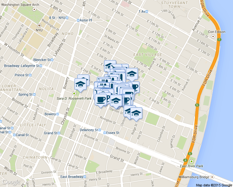 map of restaurants, bars, coffee shops, grocery stores, and more near 11 A Avenue in New York