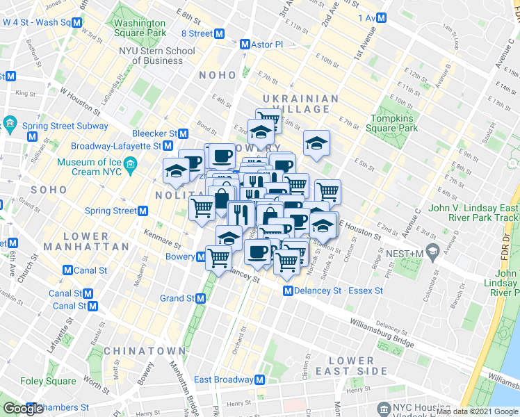 map of restaurants, bars, coffee shops, grocery stores, and more near 53 Stanton Street in New York