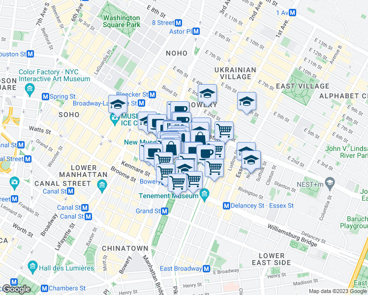 map of restaurants, bars, coffee shops, grocery stores, and more near 187 Chrystie Street in New York