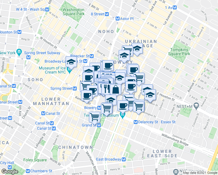 map of restaurants, bars, coffee shops, grocery stores, and more near 187 Chrystie Street in New York